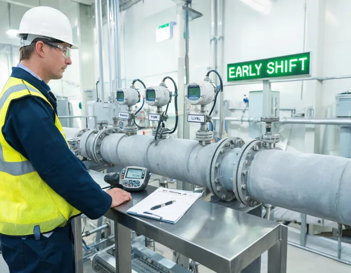 Process plant operator checking pressure, flow, and level transmitters