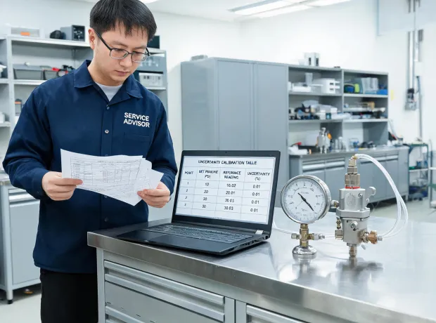 Technician reviewing calibration documents for pressure instruments
